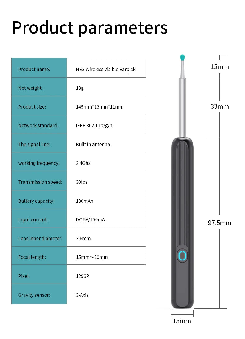 NE3 nettoyeur d'oreilles outil de retrait de cire d'oreille de haute précision avec caméra LED Otoscope sans fil Kit de nettoyage d'oreille intelligent meilleur cadeau