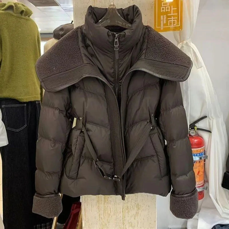 Women's Double-Layer Collar Parka Jacket, Cotton Padded Coat, European Style, Long Sleeves, Puff Outerwear, 2025