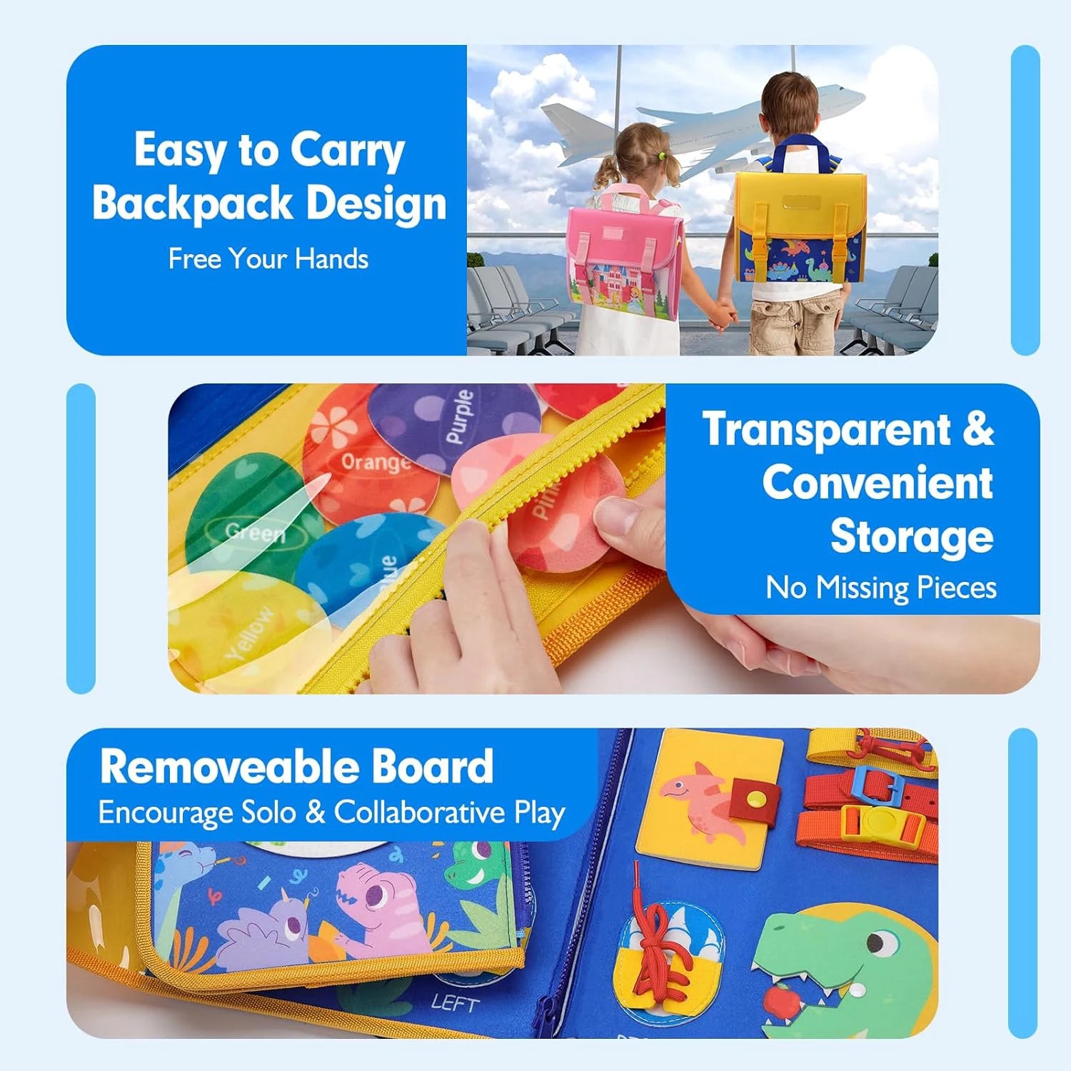 Planche occupée pour tout-petits, jouets Montessori, activités éducatives d'apprentissage, jouet de voyage, déguisement de dinosaure, sac à dos de compétences de vie sensorielle