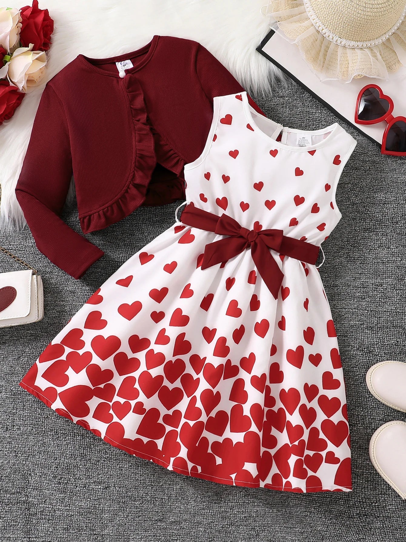 Vêtements pour enfants fille automne mode décontracté rose robe florale ensemble 2 pièces ensemble-rose col rond gilet + jupe florale rose