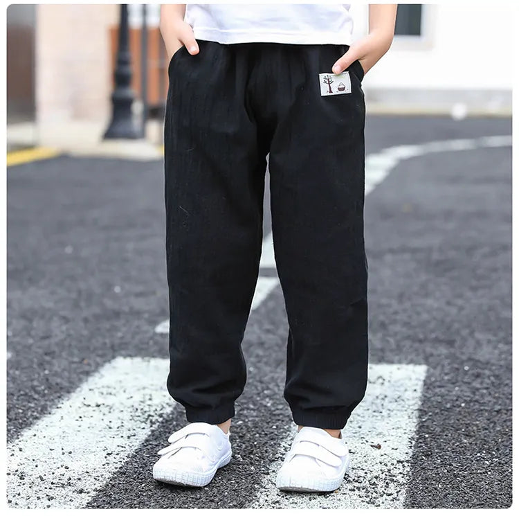 Pantalons pour enfants pour garçons et filles, en coton et lin, taille élastique, couleur unie, pantalons moustiques d'été, vêtements pour enfants, pantalons longs 100-160cm