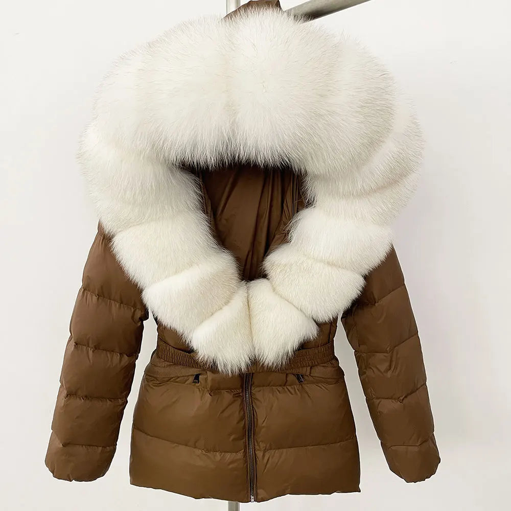 OFTBUY 2024 veste d'hiver femmes naturel réel raton laveur col de fourrure de renard à capuche blanc canard vers le bas manteau ceinture épais chaud vêtements d'extérieur décontractés