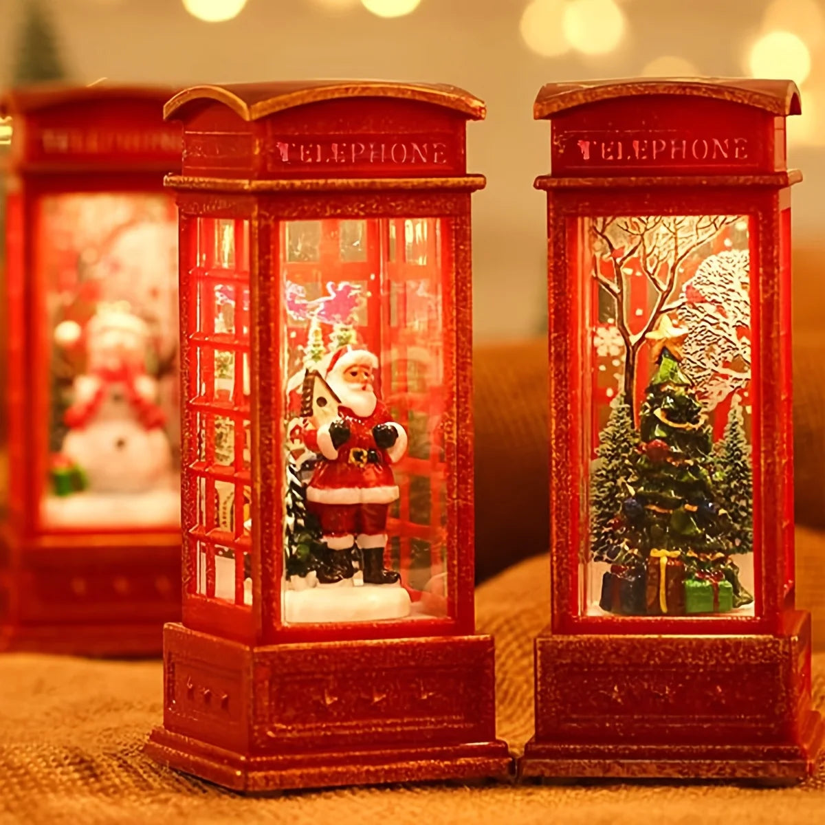 Décoration de cabine téléphonique de noël avec père noël, bonhomme de neige et arbre-ornement de cabine téléphonique rétro rouge avec décoration légère pour la maison