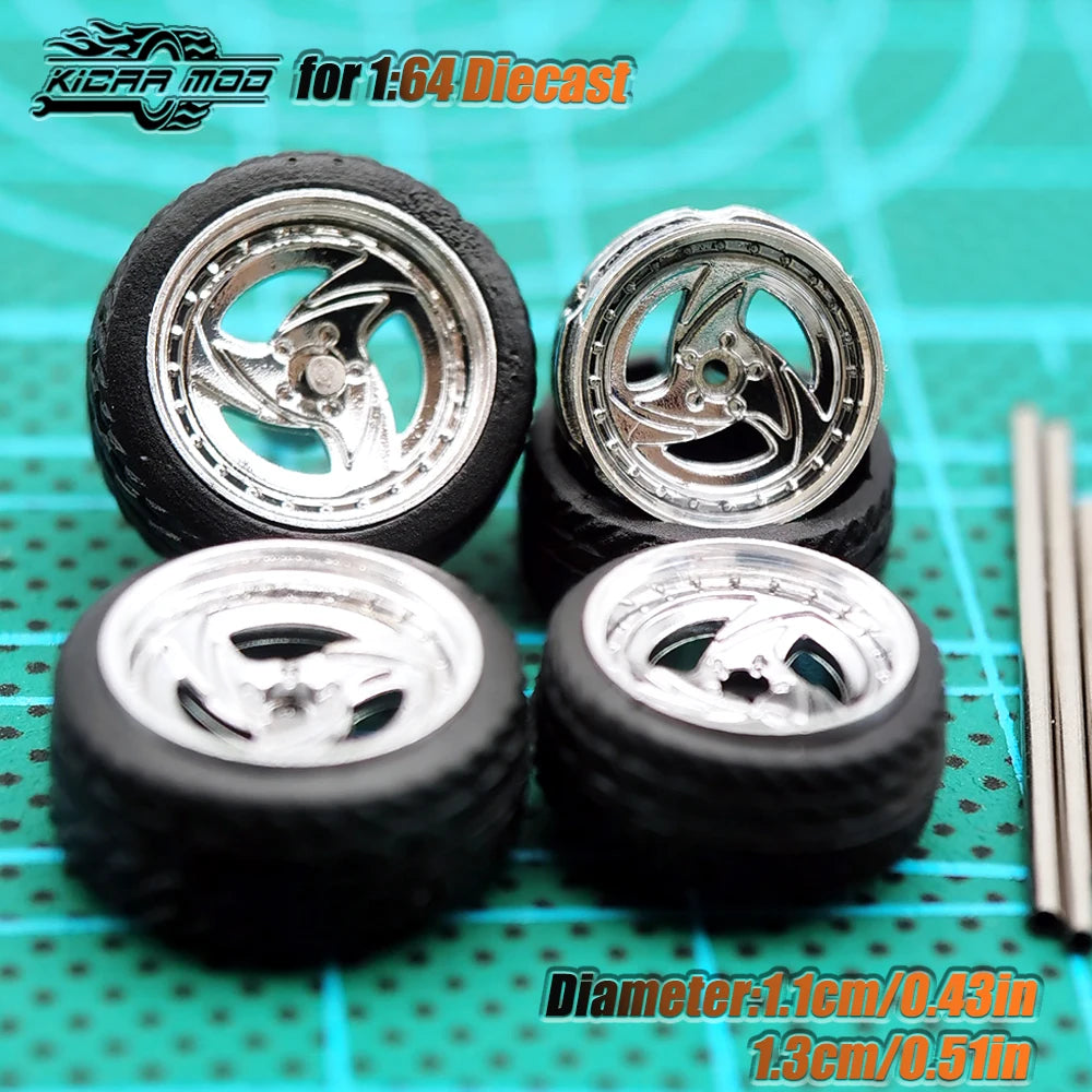 KicarHapp1/64-Jantes Métalliques ABS avec Caoutchouc pour Voiture Miniature, Pièces de Réaménagement Avant, Petite et Arrière