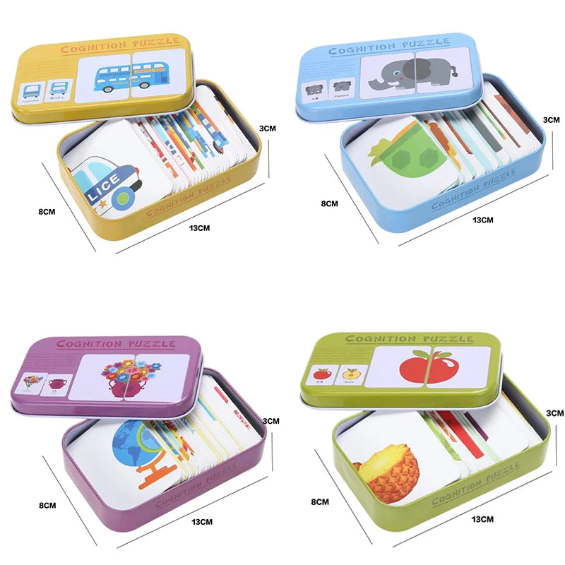 Bébé enfants Cognition Puzzles jouets enfant en bas âge boîte de fer cartes correspondant jeu cartes cognitives véhicule fruits animaux vie ensembles paire Puzzles