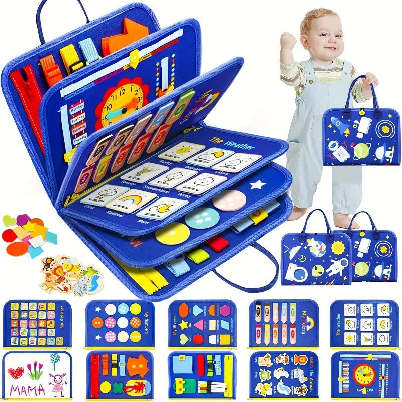 Planche occupée Montessori pour tout-petits, jouet sensoriel, activité de motricité Fine, voyage, apprentissage, cadeau pour garçons et filles, Polyester bleu