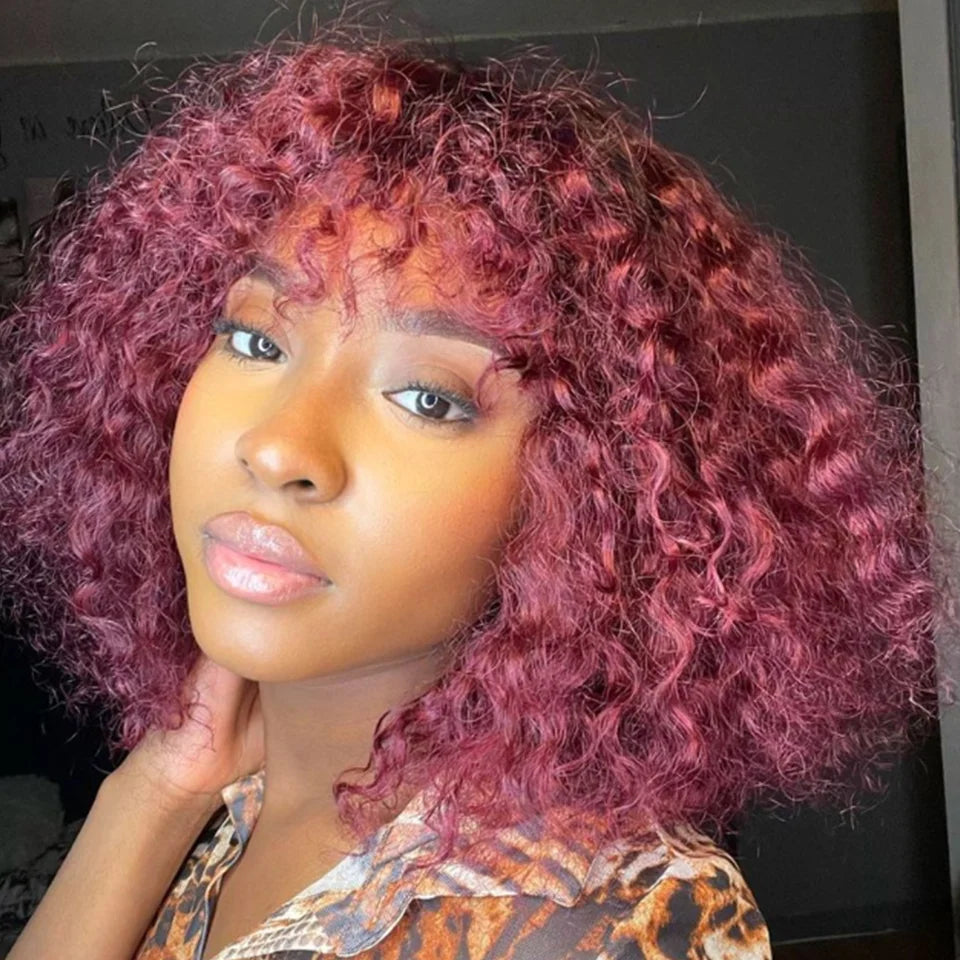 Perruques de cheveux humains Pixie Cut Bob avec frange pour femme, perruque pleine machine bouclée, surbrillance, couleur blond miel, court, caution
