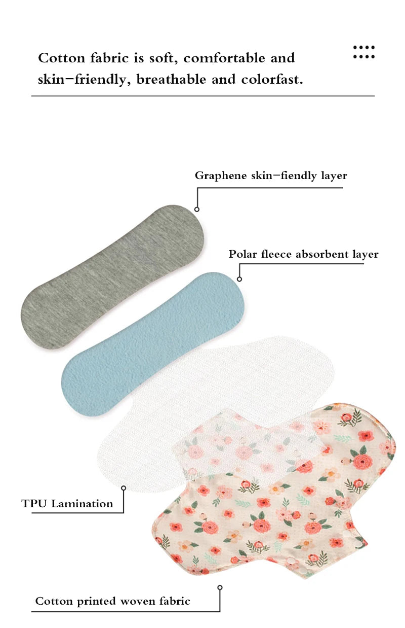 Serviettes hygiéniques antidérapantes, 5 pièces, doublure en graphène, tissu en coton, serviettes hygiéniques respirantes et lavables pour femmes, période avec sac humide