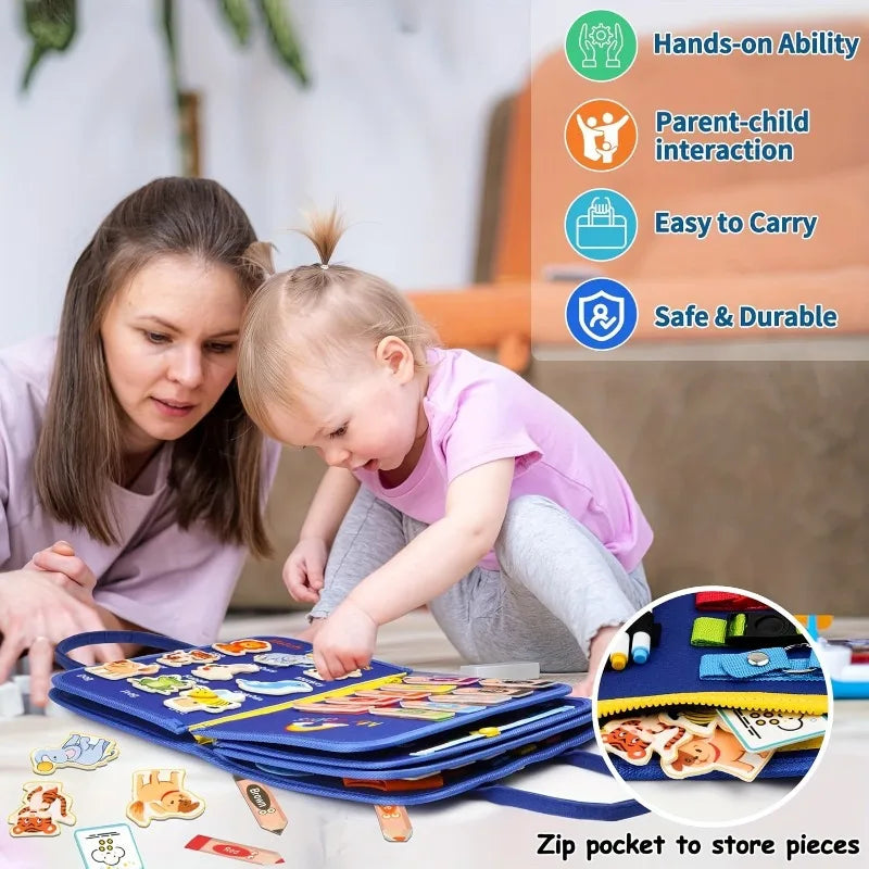Planche occupée Montessori pour tout-petits, jouet sensoriel, activité de motricité Fine, voyage, apprentissage, cadeau pour garçons et filles, Polyester bleu