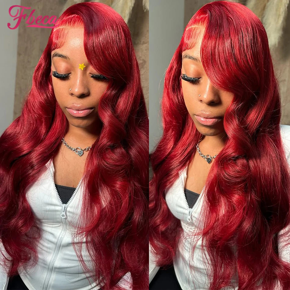 Perruque Lace Frontal Wig Body Wave de couleur rouge, cheveux naturels bordeaux, 13x4, 13x6, pre-plucked, pour femmes