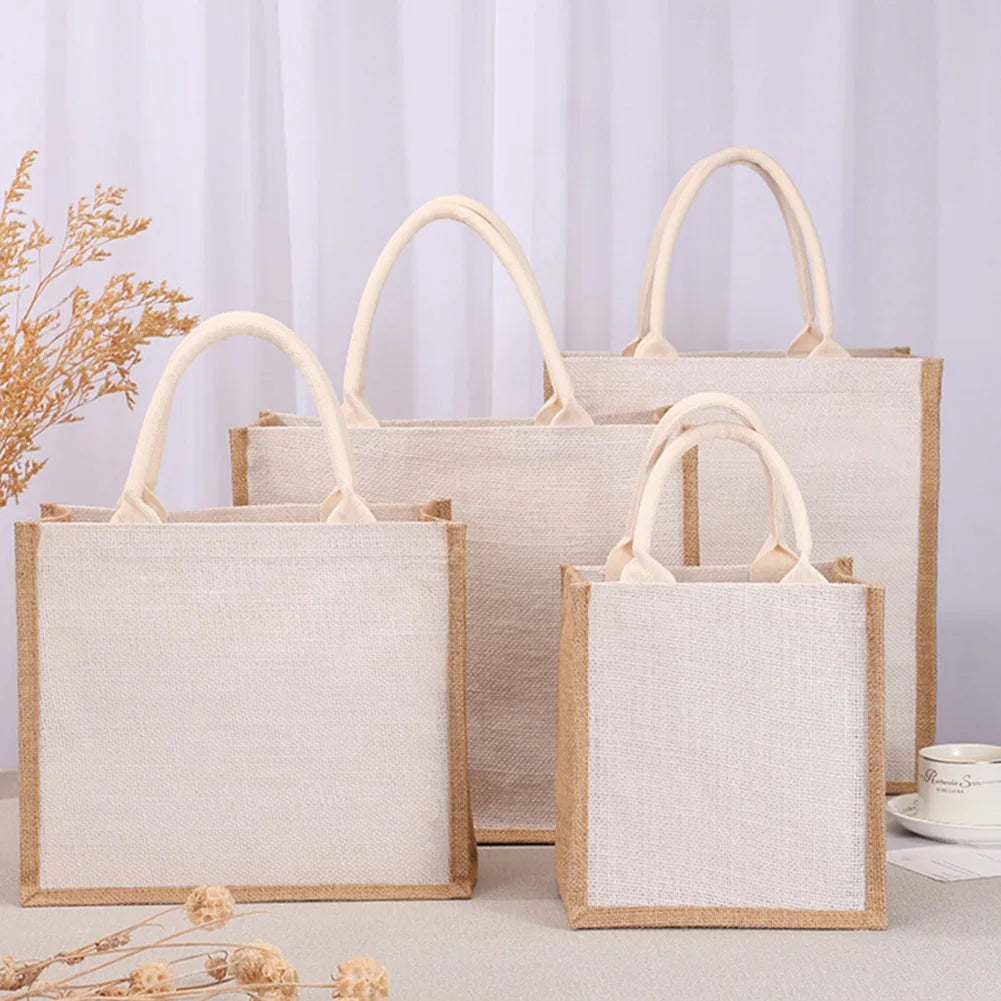 Sac fourre-tout en toile de jute réutilisable vintage, sacs en lin faits à la main, sacs à main portables pour dames, sac d'épicerie, sac cadeau d'anniversaire et de mariage