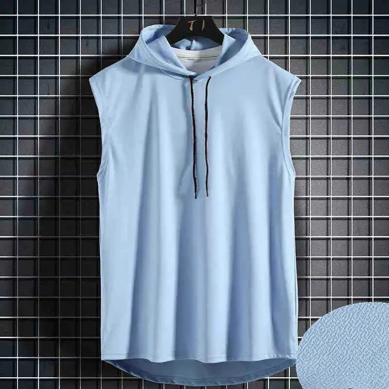 Hommes cravate col à capuche sans manches gilets mâle été ample solide Hip Hop t-shirt hauts
