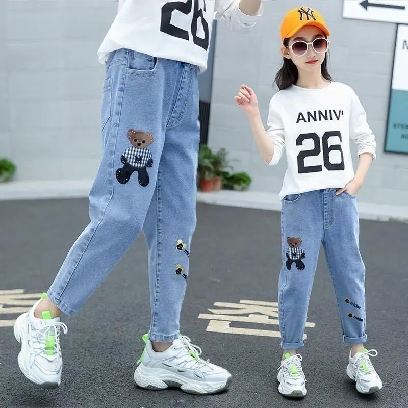 New Fashion Girls Jean Spring Summer and Autumn Soft Casual Boutique Cotton Kawaii Girls Elegant Jean Children's Pants 3-12Y