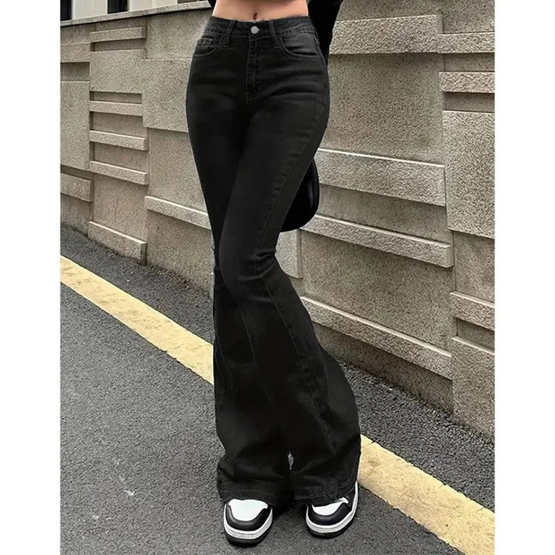 Girls' high-waisted flared jeans, stretch denim pants, bootcut fit, solid color, narrow bell leg, 2025