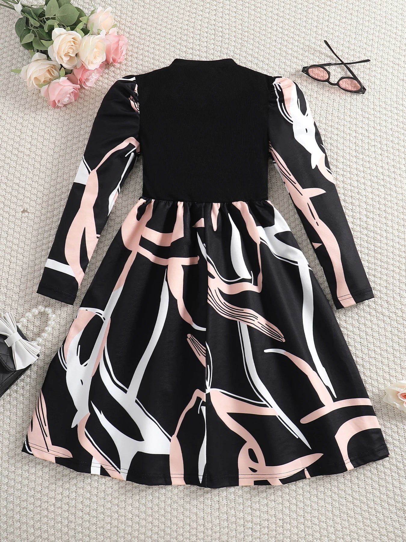 Autumn dress for girls, contrasting striped pattern, fashionable, soft, elegant style, children's princess dress