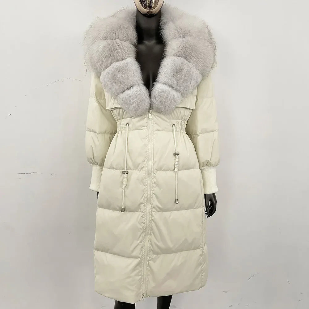 Doudoune longue avec col en fourrure pour femme, pardessus en fourrure de renard, longueur aux genoux, à la mode, chaude, cintrée à la taille, vêtements d'extérieur amincissants