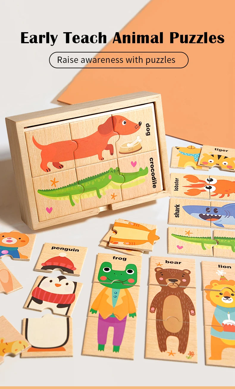 Puzzle assorti en forme d'animal de dessin animé pour enfants, planche de puzzle de cognition de mots anglais pour l'éducation précoce des bébés, jouet en bois
