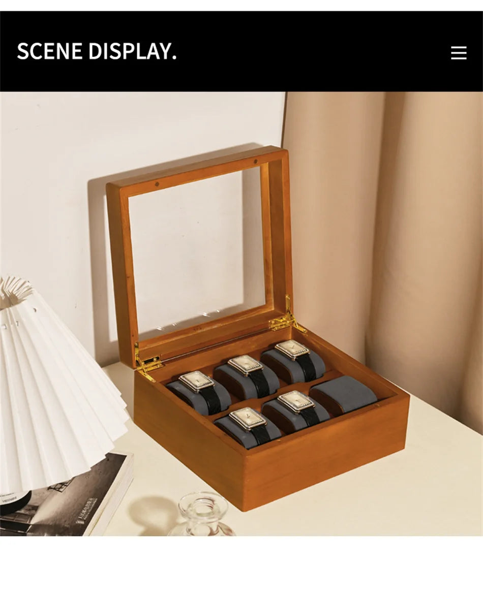 Oirlv boîte de rangement de montre en bois délicate couvercle en verre anti-poussière boîte de montre boîte de collecte de montre-bracelet affichage stockage boîte de montre à 6 grilles