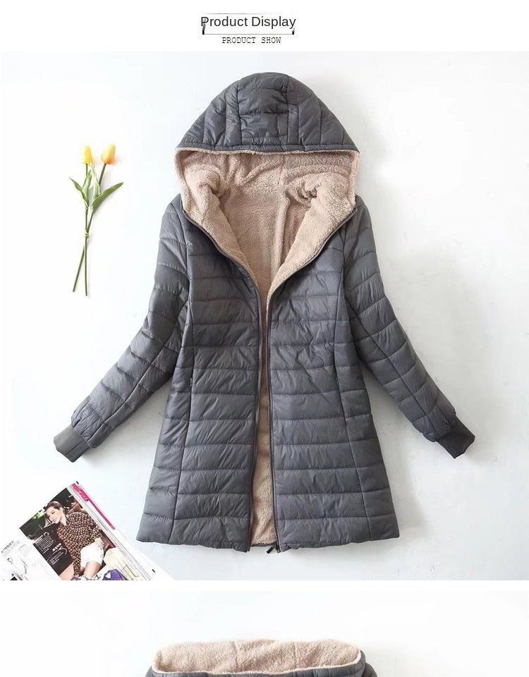 Women's Korean-style mid-length hooded cotton coat, warm lambswool coat and velvet jacket, new autumn and winter 2023 collection