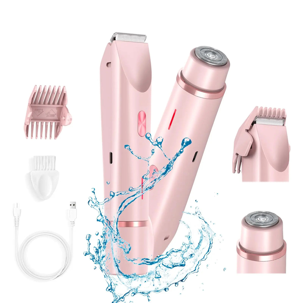Electric shaver for women, waterproof shaver for wet and dry hair, 2-in-1 double head, double bikini trimmer, hair clipper, detachable head