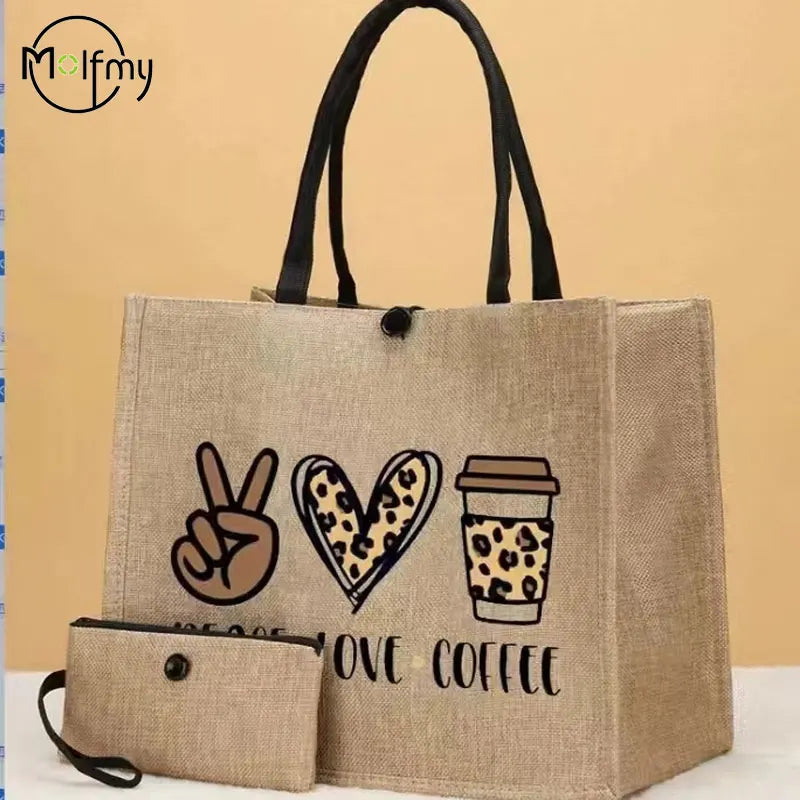 Sac fourre-tout en lin 2 pièces, sac à main en toile de grande capacité, sacs de Shopping, sac de maquillage, porte-monnaie pour mariage, cadeau d'anniversaire, vacances à la plage