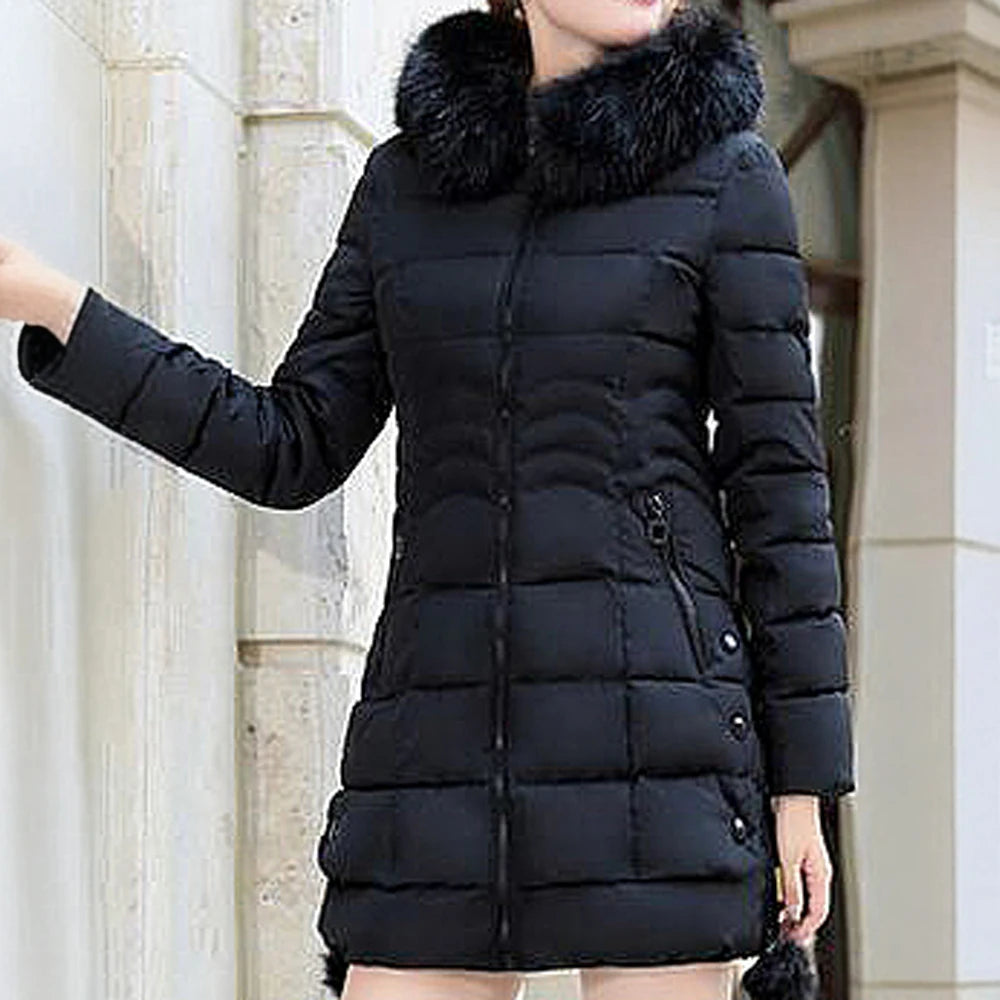 Women's autumn and spring puffer jacket, solid color, long sleeves, high collar, design with faux fur collar, zipper closure, 2025