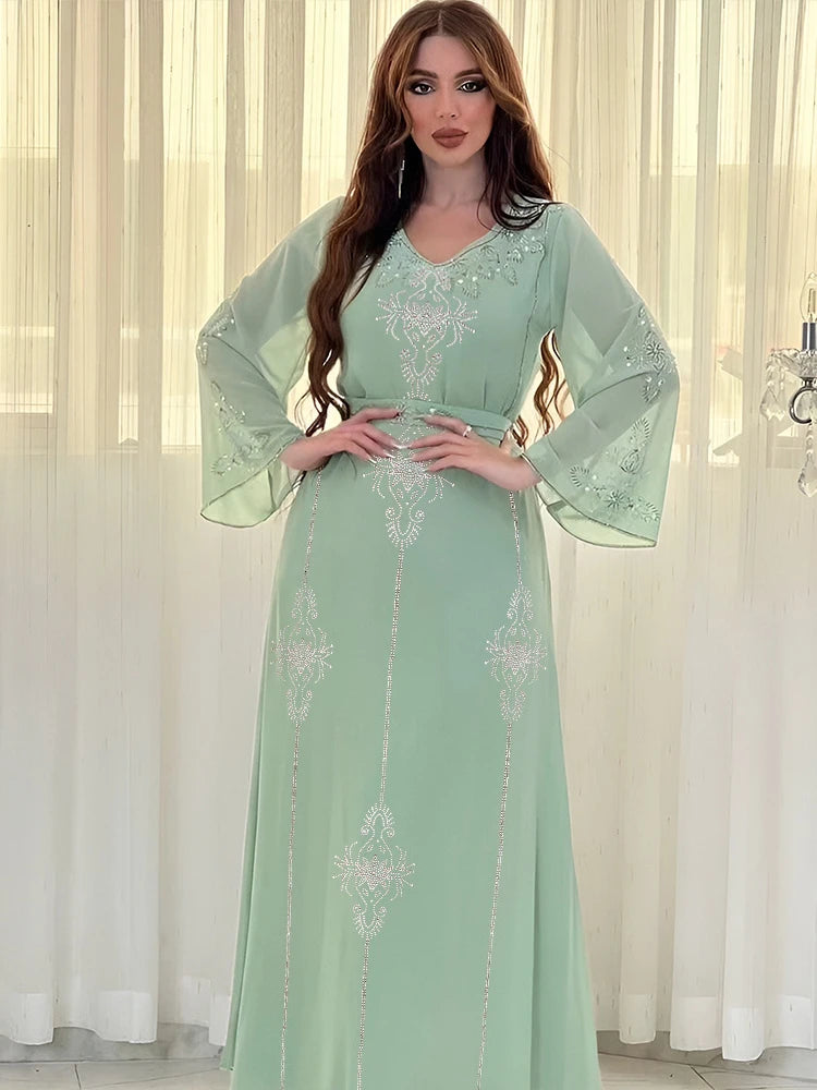 Eid Jalabiya - Women's Muslim Evening Dress, Diamond Lace-Up Arabic Abayas, Long Dresses, Elegant Dress, Educational Dress for Ramadan