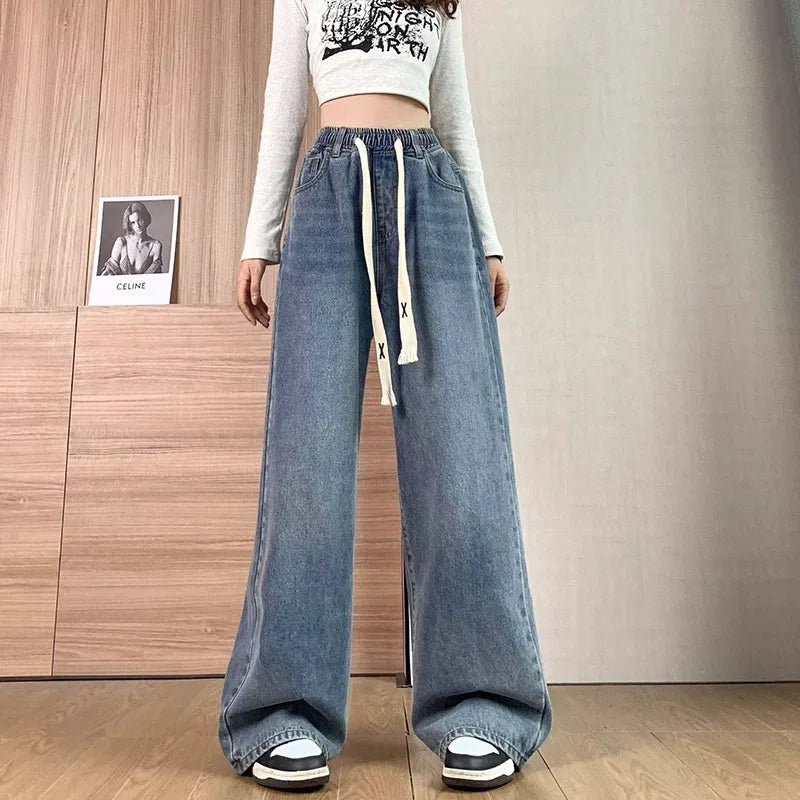 Jean ample à jambes larges, taille haute, bleu clair, grande taille, taille élastique, pantalon Dstring, pantalon Long amincissant