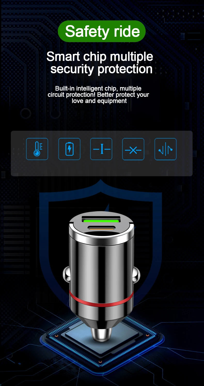 Smart car charger with mini rib ring, USB + PD port, GNE charger, PD30W