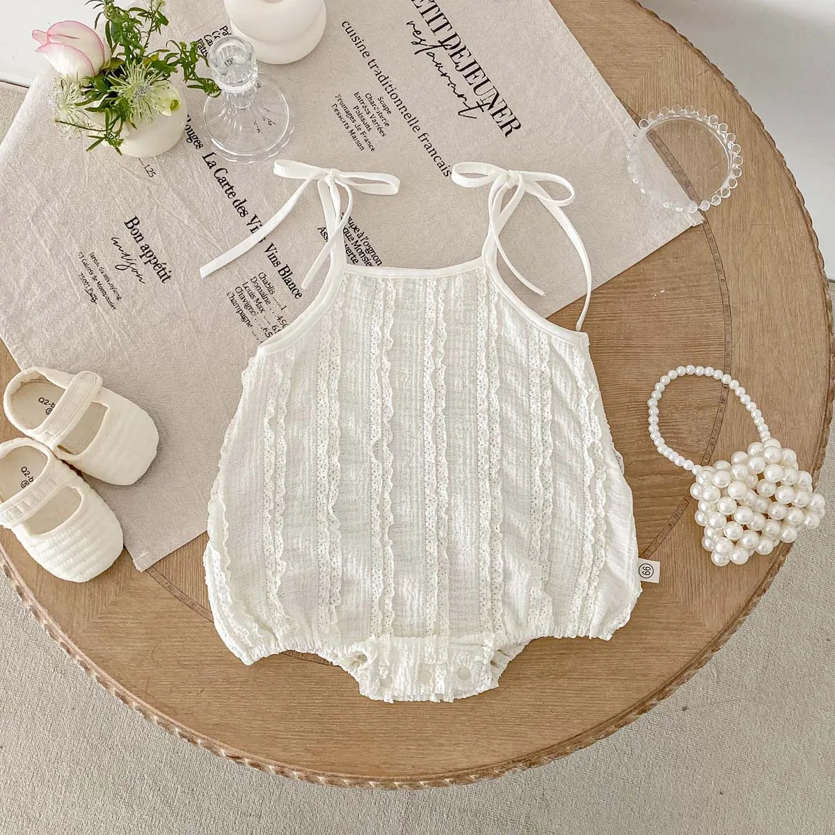 Combinaison d'été basique simple en dentelle pour bébé, combinaison à bretelles fine décontractée pour bébé fille, adaptée aux vêtements d'intérieur et d'extérieur