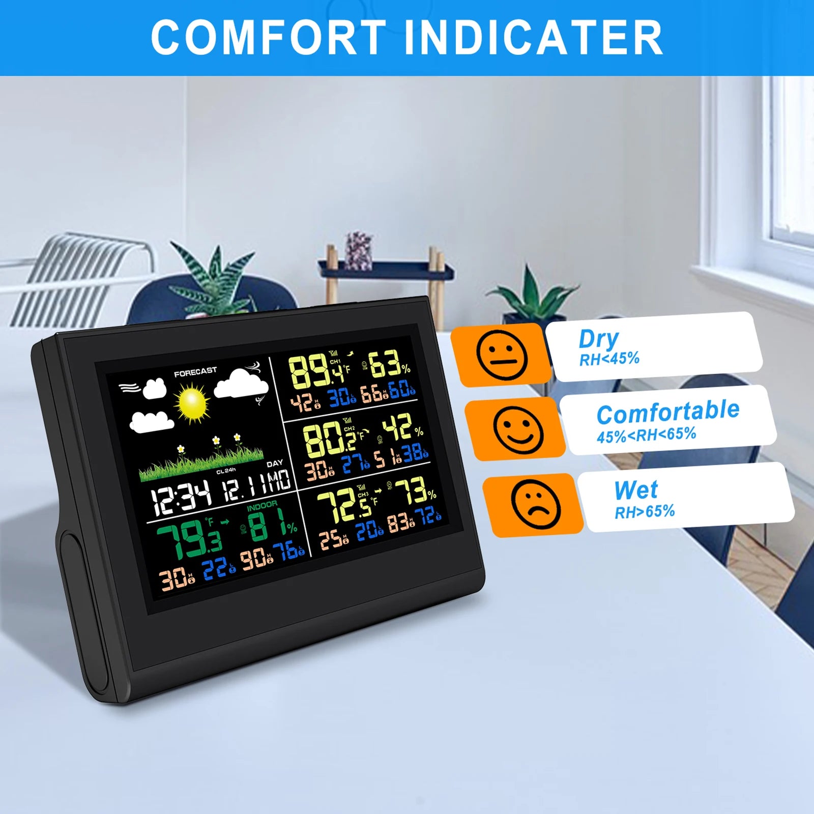 Station météo intelligente sans fil avec 3 capteurs, grand écran couleur, thermomètre et hygromètre numérique intérieur et extérieur pour le bureau et la maison
