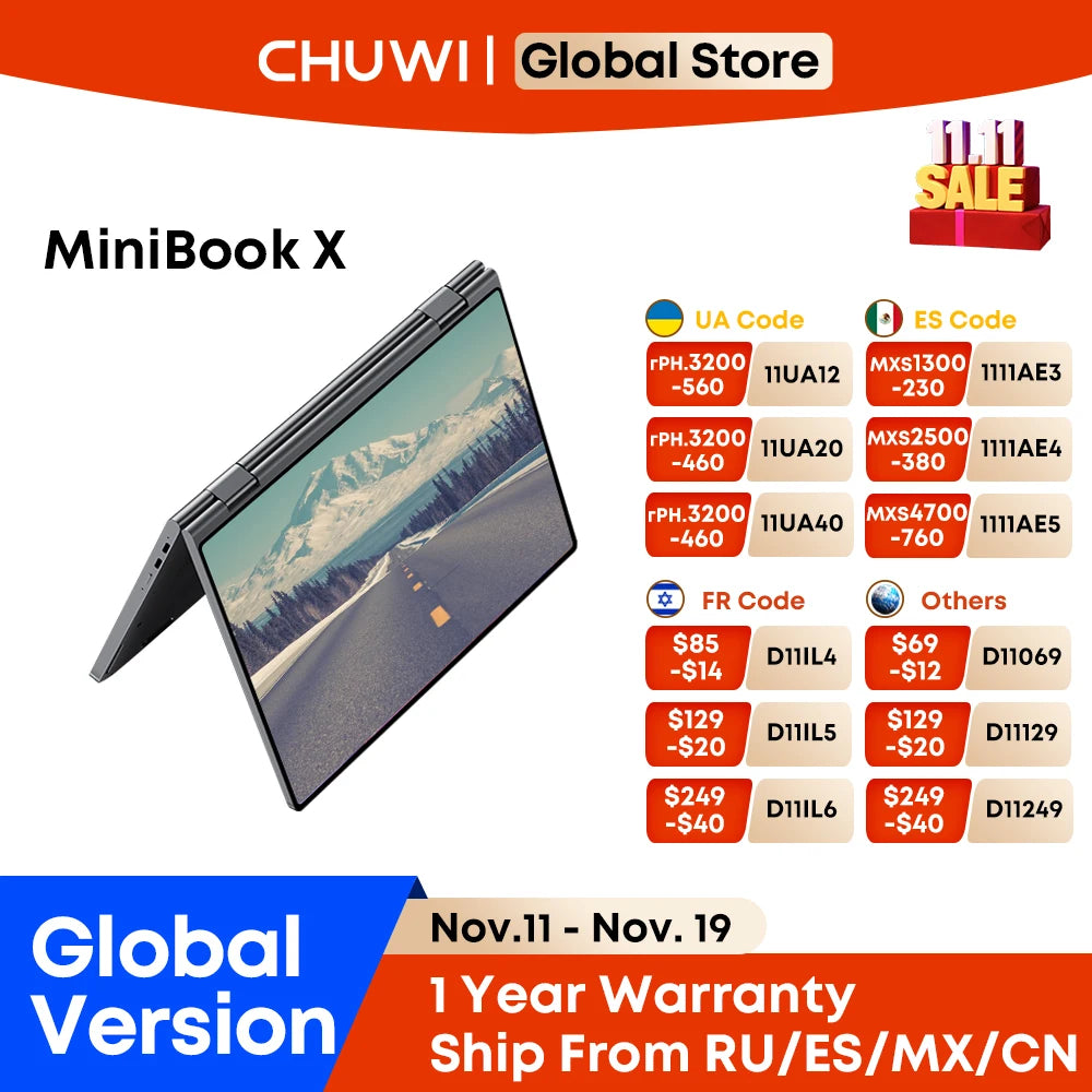CHUWI MiniBook X Intel N150 10.51 pouces 2-en-1 tablette ordinateur portable 12GB LPDDR5 512G SSD Windows 11 ordinateurs portables Mini ordinateur portable 2K FHD WiFii 6
