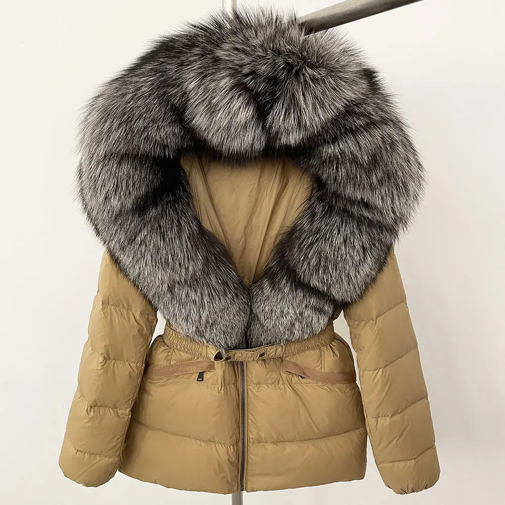 OFTBUY 2024 veste d'hiver femmes naturel réel raton laveur col de fourrure de renard à capuche blanc canard vers le bas manteau ceinture épais chaud vêtements d'extérieur décontractés