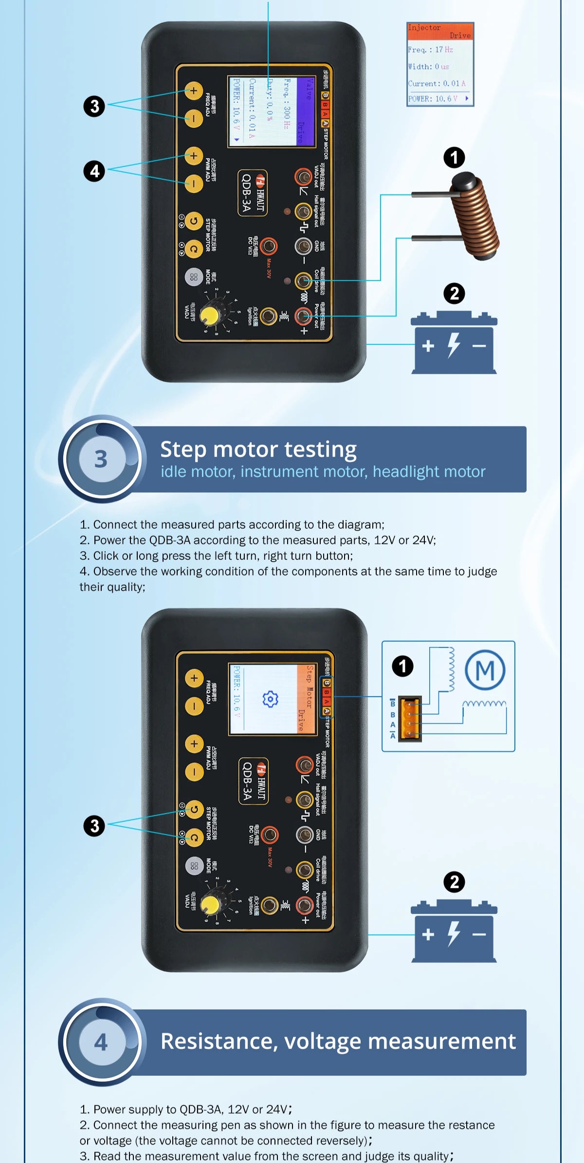 QDB 3A automatic ignition coil tester, electronic throttle test, IAC valves, high COP coils, injectors, FID valves, diagnostic tool