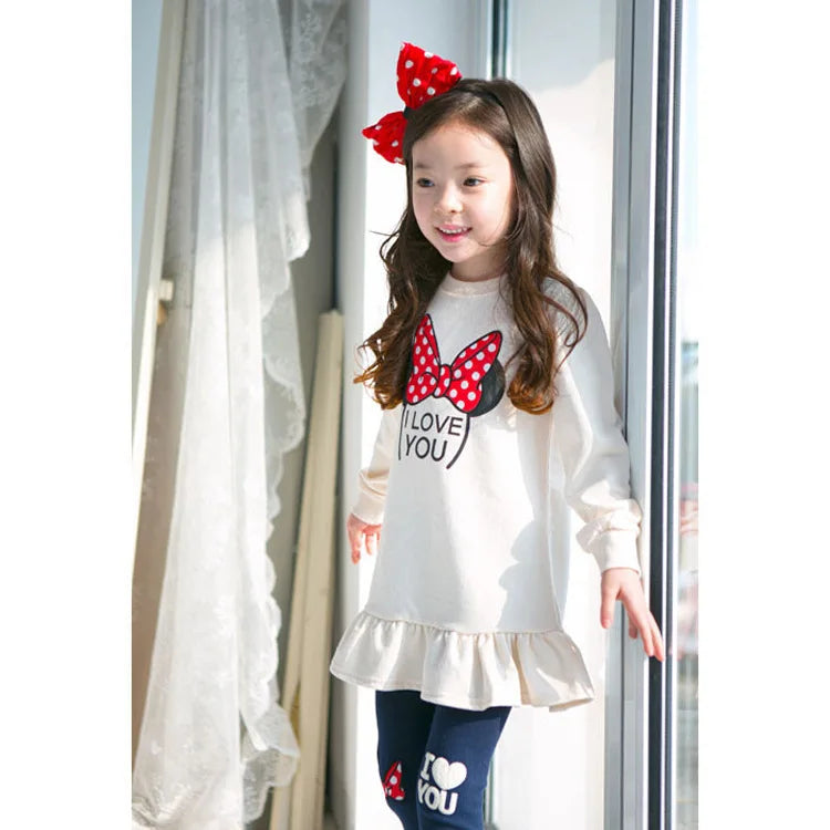 Ensemble de vêtements pour enfants printemps-automne, chemise + Leggings en coton à manches longues avec nœud papillon de dessin animé, costume 2 pièces pour filles de 3 à 8 ans, tenue décontractée