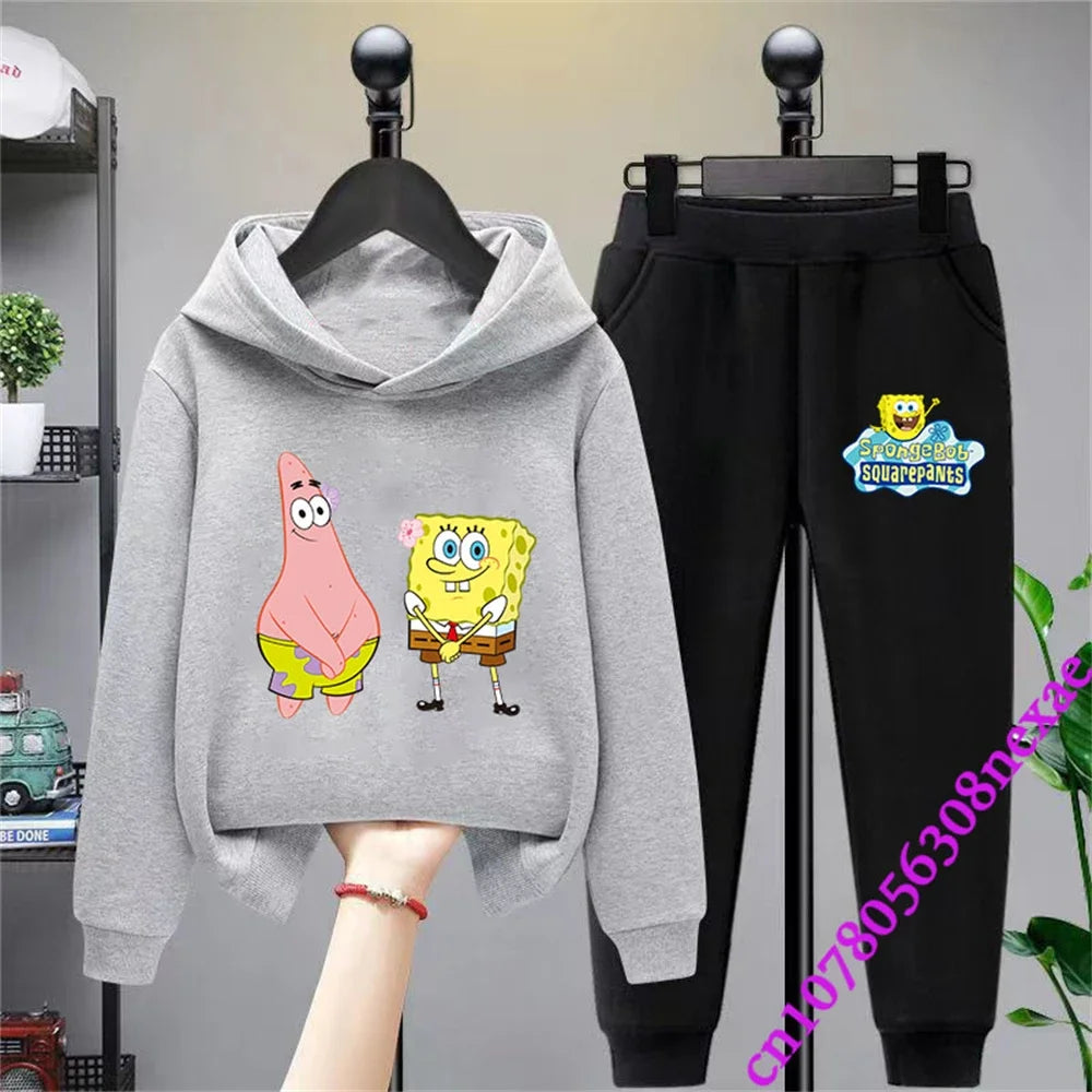 Spongebob-Pull imprimé dessin animé pour enfants, vêtements pour garçons et filles, imbibé, printemps et automne, Sportif, fjedly, 2 pièces