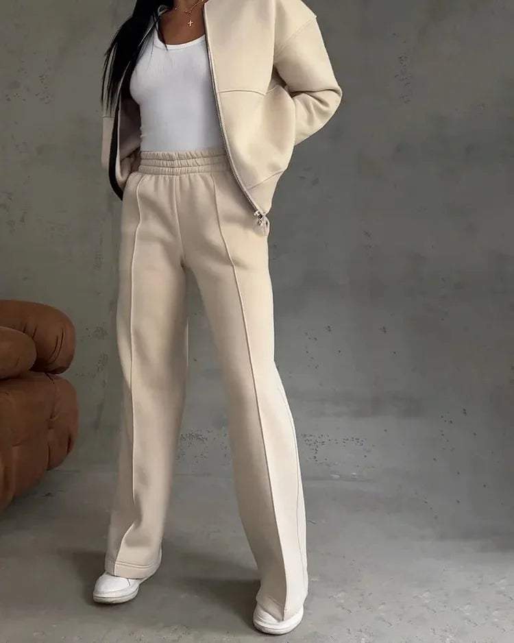 Women's two-piece casual set, solid color, sweatshirt, long sleeves, zip-up coat, long pants, pockets, elegant, autumn/winter 2025