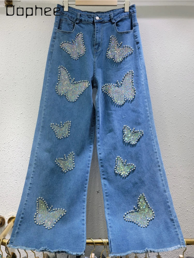 Women's high-waisted elastic jeans, floor-length pants, baggy pants, diamond beads, butterfly, wide leg, warm, casual, spring, autumn, new, 2025