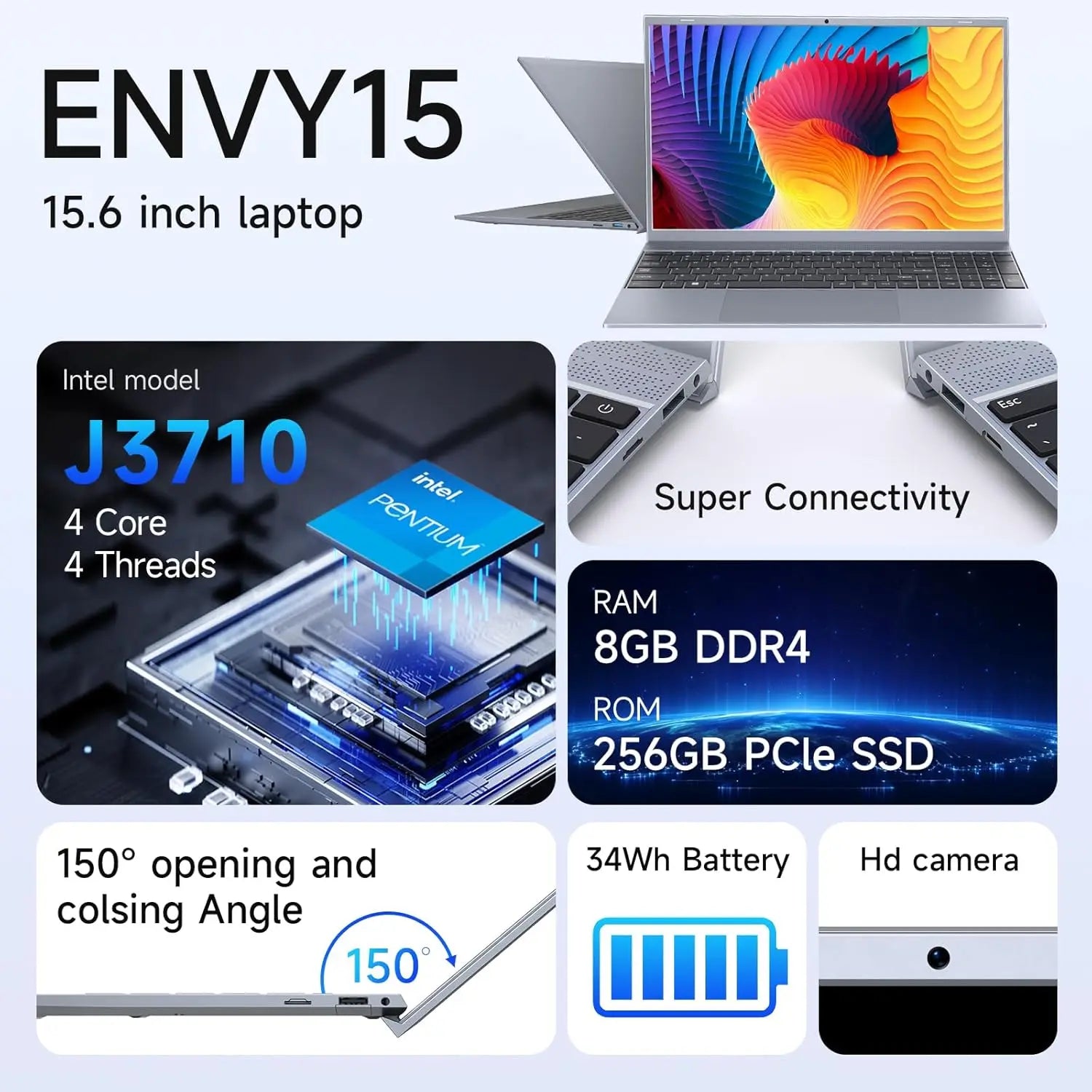 15,6 pouces ordinateur portable J3710 8GB RAM 256GB SSD Windows 11 pour les étudiants et les affaires