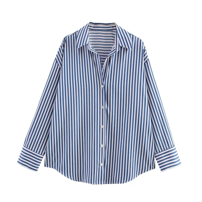ETJ 2025 femmes printemps nouvelle mode européenne-américaine rayé à manches longues revers version ample popeline chemise sélection multicolore