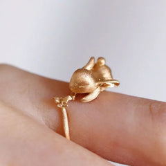 Ensemble de bijoux lapin mignon, boucles d'oreilles artisanales en or ancien mat pour femmes, bague, collier, cadeaux pour petite amie, nouveauté