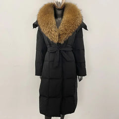 Veste d'hiver chaude et élégante pour femme, avec ceinture à capuche, simple boutonnage, col en vraie fourrure de renard, manteau épais et ample en duvet de canard blanc