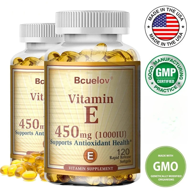 Bcuelov Vitamine E 1000 IU 450mg - pour la peau, les cheveux, la santé circulataire, le support du système immunitaire - supplément antioxydant