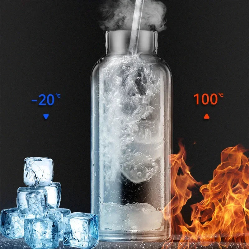 Large capacity 2L glass water bottle with removable straw, high borosilicate glass water bottle with carrying handle for gym