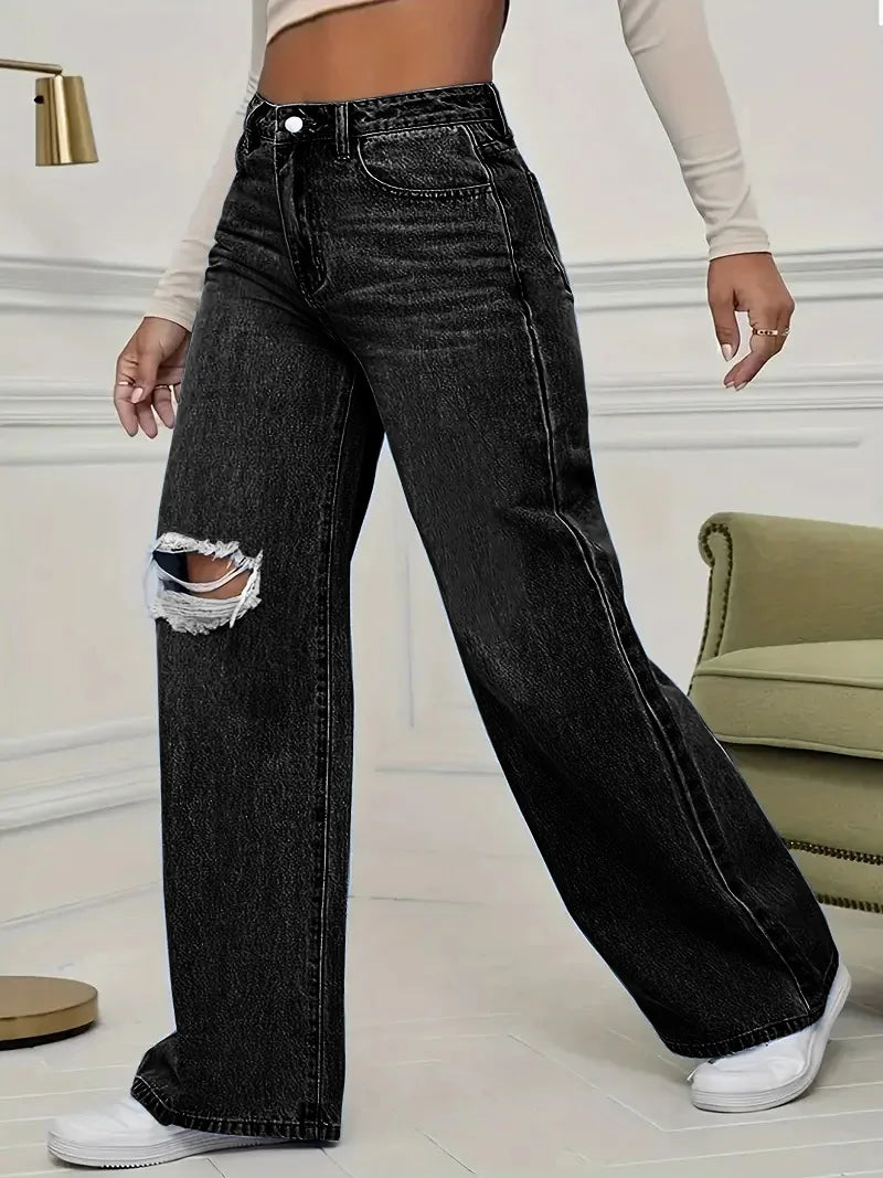 Pantalon en Denim à jambes larges pour femmes, ample, taille haute, trou de personnalité délavé, nouvelle mode classique décontractée, longueur au sol, quatre saisons