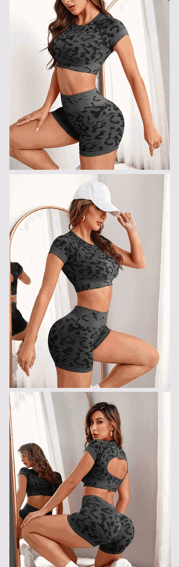 Women's camouflage sports set, seamless knit shorts, openwork top, sexy, suitable for gymnastics, running, Pilates, high waist, hip lifting, and yoga.