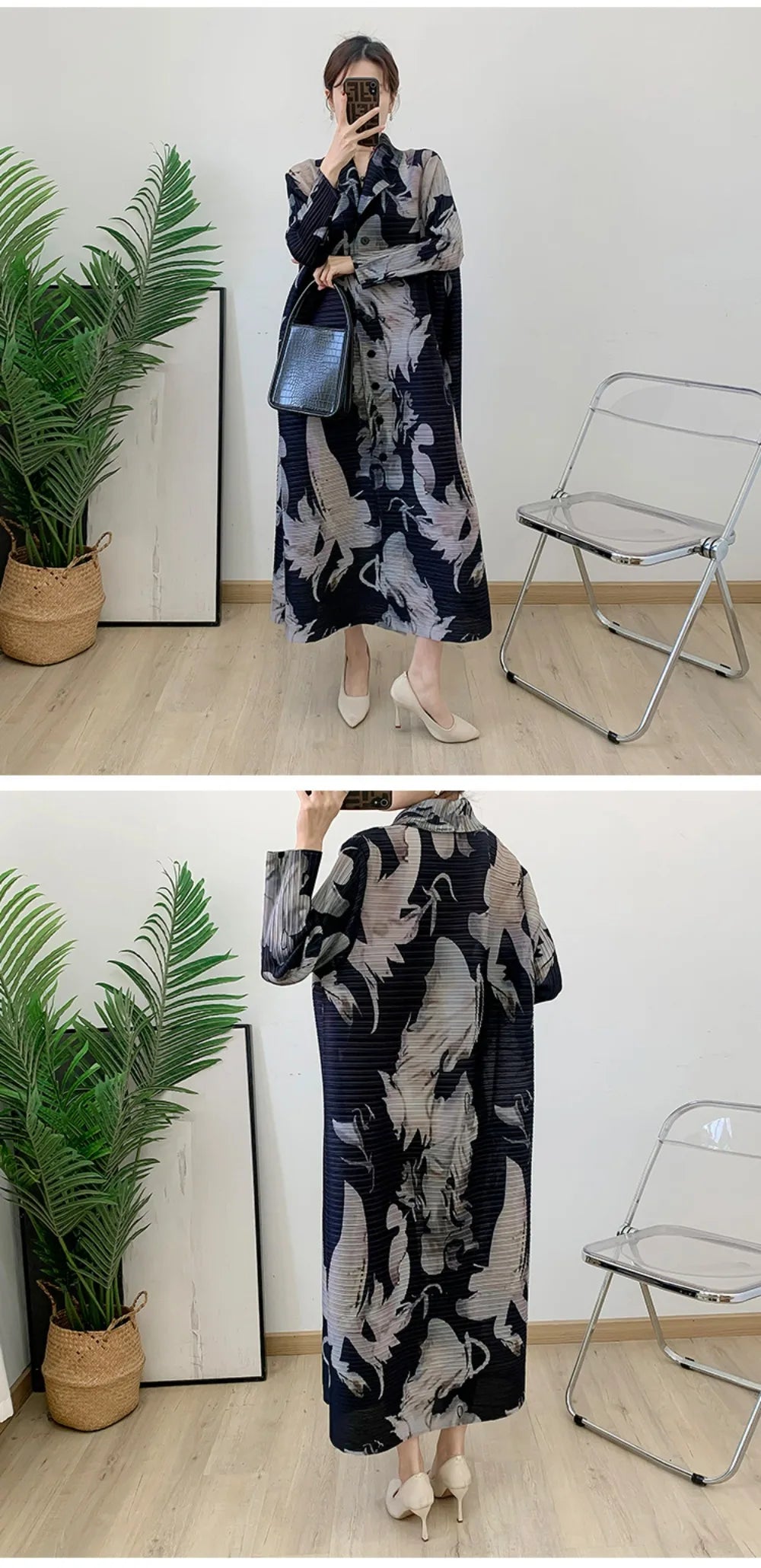 Robe imprimée à col en v pour maman, nouvelle mode d'âge moyen et âgée, manches sept-quarts, jupe plissée verte X, printemps 2025