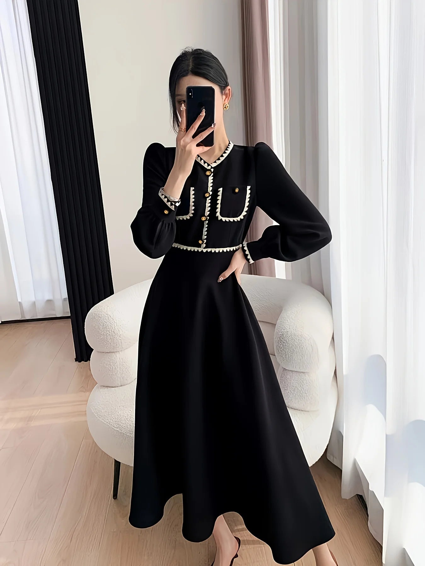 [Robe élégante à col en V] Robe élégante à col en V, ligne a, garniture contrastée, manches à manchette, boutons, vêtements pour femmes pour le printemps et l'automne