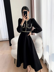 [Robe élégante à col en V] Robe élégante à col en V, ligne a, garniture contrastée, manches à manchette, boutons, vêtements pour femmes pour le printemps et l'automne