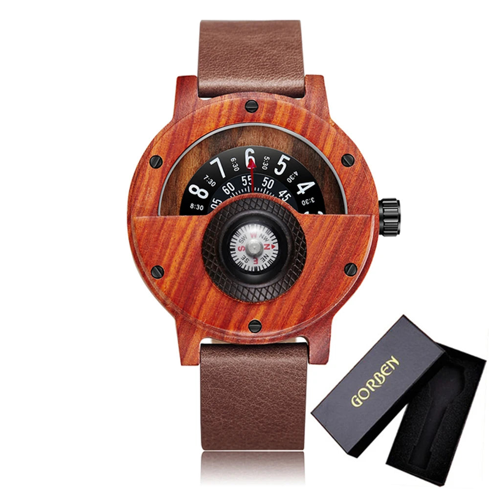 Montre en bois naturel pour hommes, Table rotative, cadran boussole, véritable bois de noyer, ébène, bambou, Concept marron, montre à Quartz